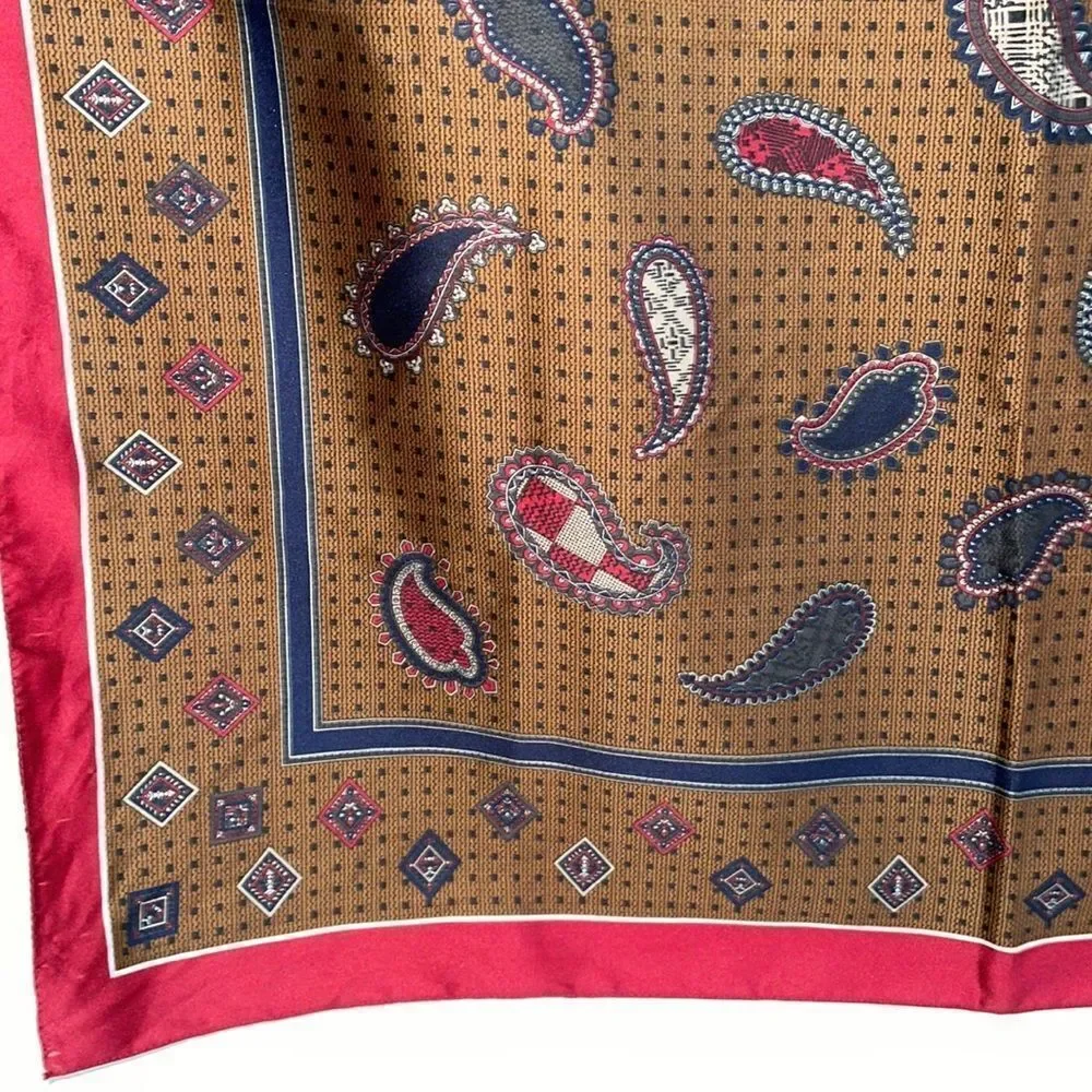 Vintage mid Century maroon, navy blue & tan paisley‎ large square scarf